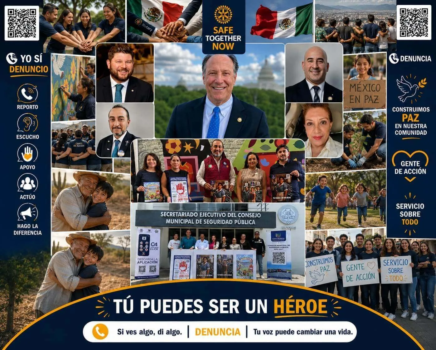 Collage de Safe Together Now con personas, líderes y materiales de prevención